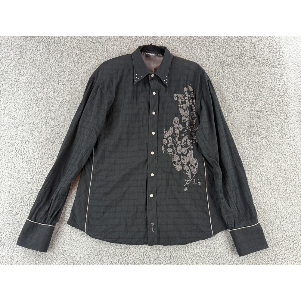 Fender Custom Shirts by Da Vinci Shirt Men Size XL Black Embroidered Skull Print